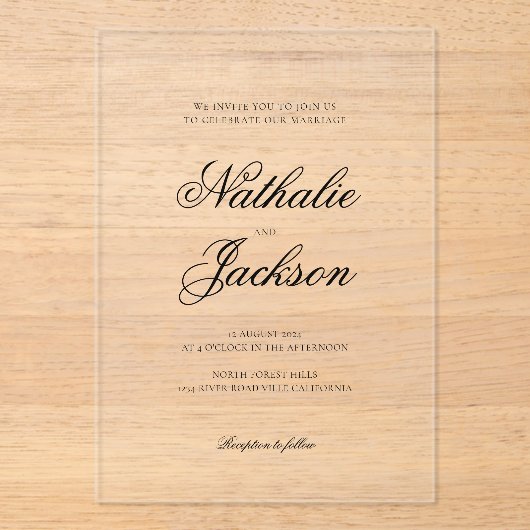 Classic Elegant Script Photo Wedding アクリル招待状 (正面)