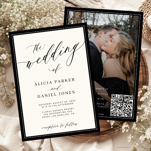 Classic elegant script QR code photo wedding 招待状