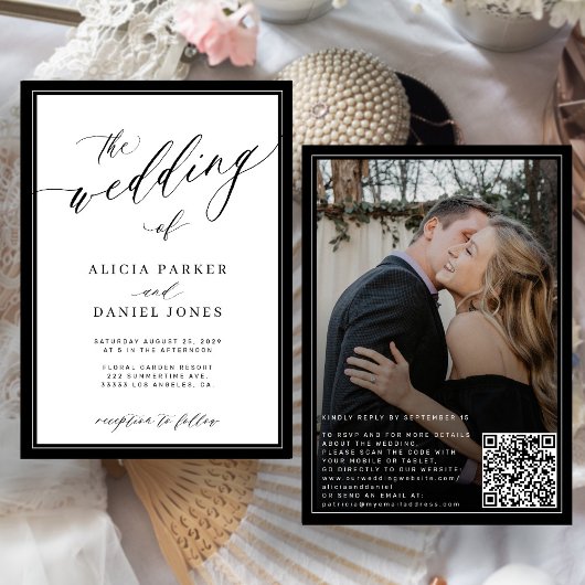 Classic elegant script QR code photo wedding 招待状