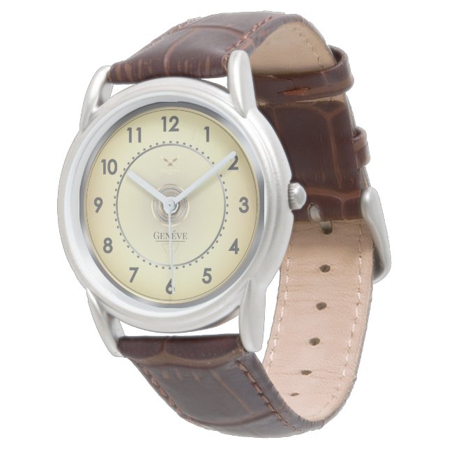 Classic Elegant Warm Gold Face Brown Leather Strap 腕時計 (アングル)