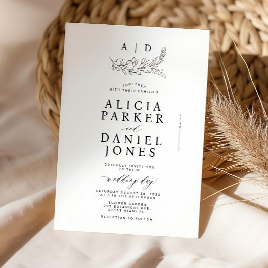 Classic elegant white black monogram wedding 招待状