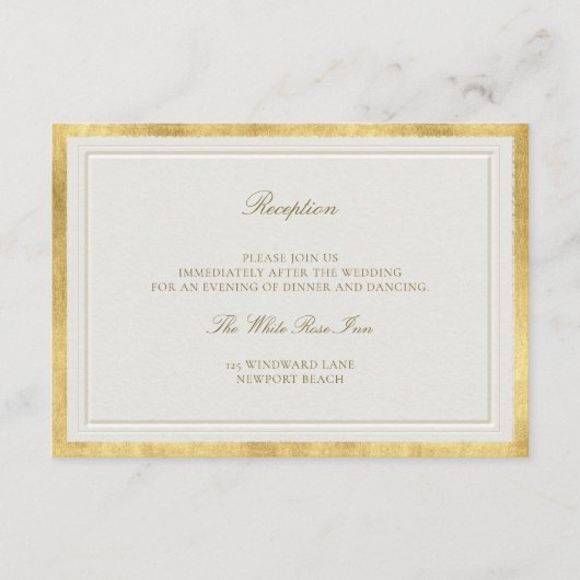 Classic Elevated Gold Ecru Frame Wedding Reception エンクロージャーカード (正面)