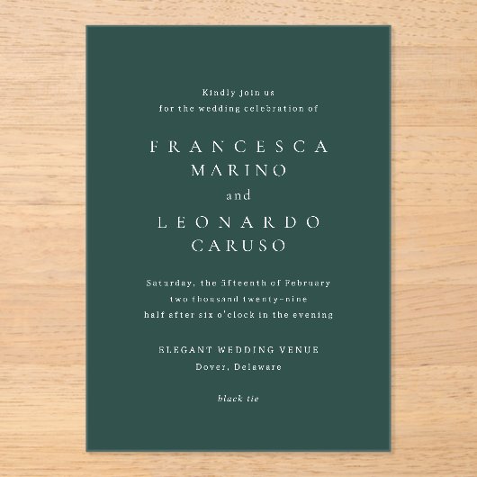 Classic Emerald Green Simple Wedding アクリル招待状 (正面)