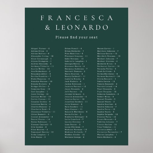 Classic Emerald Green Simple Wedding Seating Chart ポスター (正面)