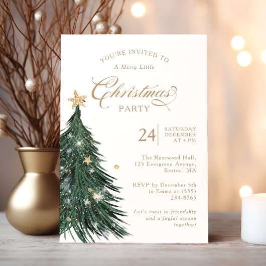 Classic Evergreen Gold Christmas Party Invitation 招待状