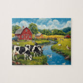 Classic Farm Scene Cows Red Barn ジグソーパズル (横)