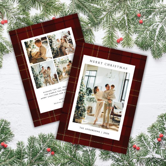 Classic Festive Red Plaid 5 Photo Christmas シーズンカード