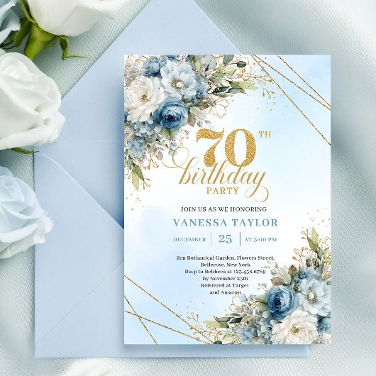 Classic Floral 70th Birthday Party Invitation 招待状