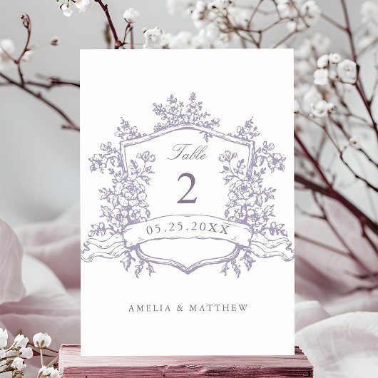 Classic Floral Crest Lavender Wedding テーブルナンバー