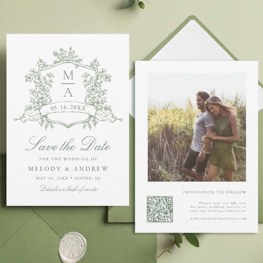Classic Floral Crest Sage Green Wedding Photo  セーブザデート