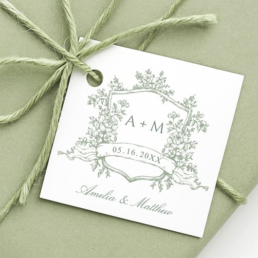 Classic Floral Crest Sage Green Wedding Thank You フェイバータグ