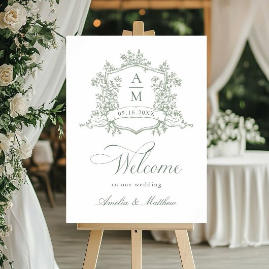 Classic Floral Crest Sage Green Wedding Welcome ポスター
