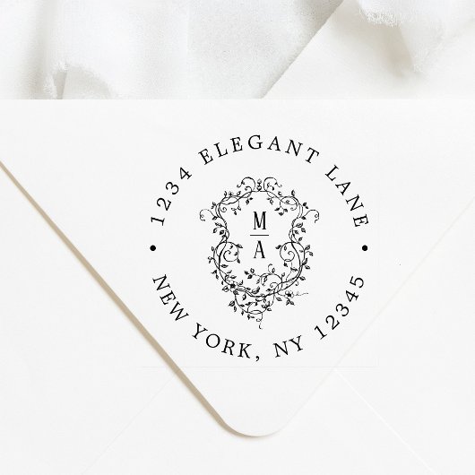 Classic Floral Crest Wedding Return Address ラバースタンプ