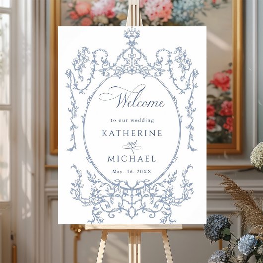 Classic Floral Frame Dusty Blue Wedding Welcome  ポスター