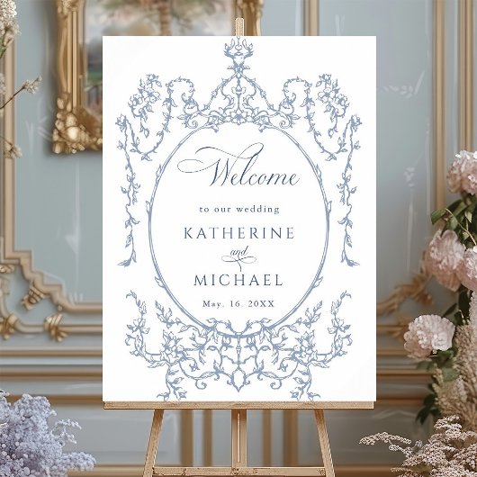 Classic Floral Frame Dusty Blue Wedding Welcome  ポスター