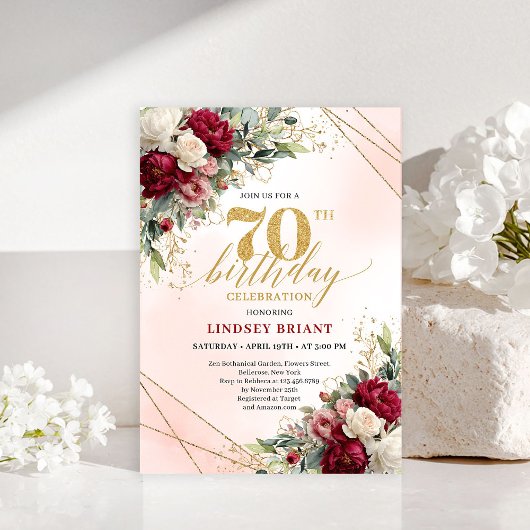 Classic Floral Gold 70th Birthday Party Invitation 招待状