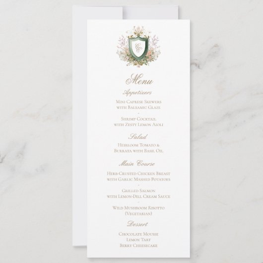 Classic Floral Monogram Crest Wedding Menu Card セーブザデート (正面)