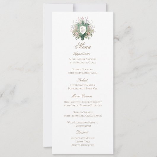 Classic Floral Monogram Crest Wedding Menu Card セーブザデート (正面)
