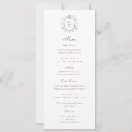 Classic Floral Monogram Crest Wedding Menu Card セーブザデート (正面)