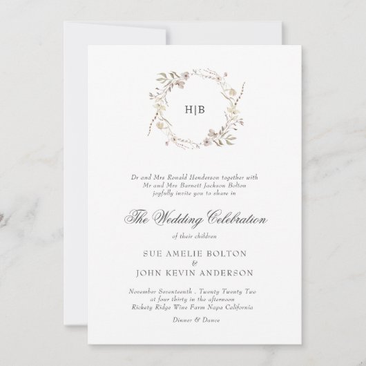 Classic Floral Wreath Monogram Surname Wedding  招待状 (正面)