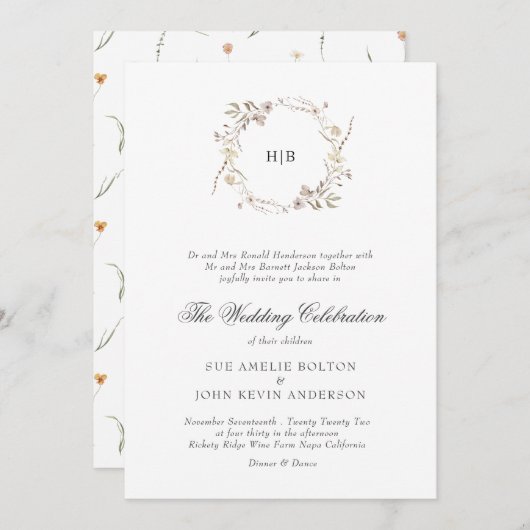 Classic Floral Wreath Monogram Surname Wedding  招待状 (正面/裏面)