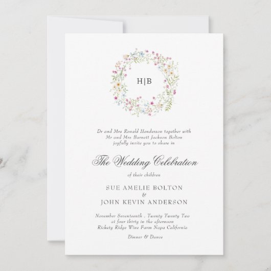 Classic Floral Wreath Monogram Surname Wedding  招待状 (正面)