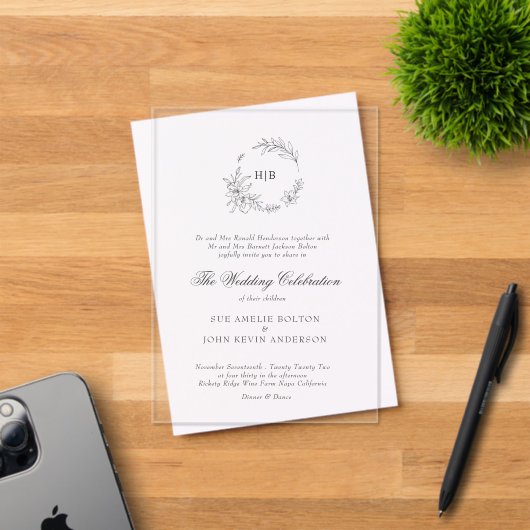 Classic Floral Wreath Monogram Wedding アクリル招待状 (インサイチュ (招待状))