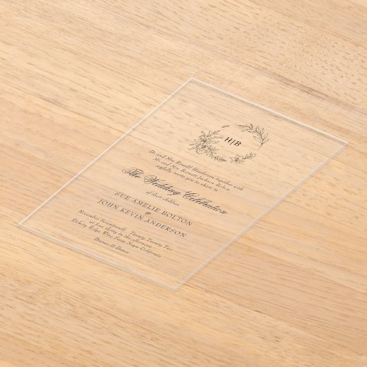 Classic Floral Wreath Monogram Wedding アクリル招待状 (レイダウン)