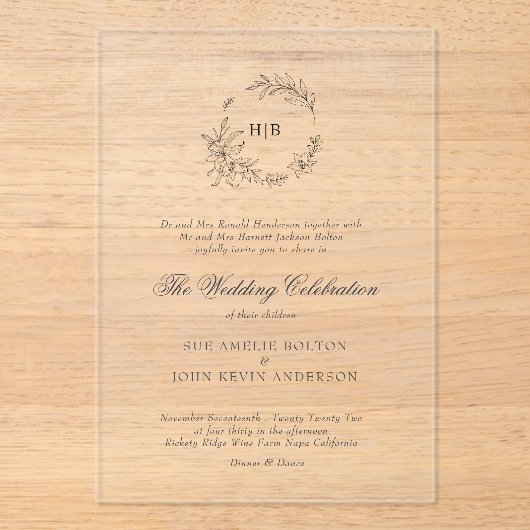 Classic Floral Wreath Monogram Wedding アクリル招待状 (正面)