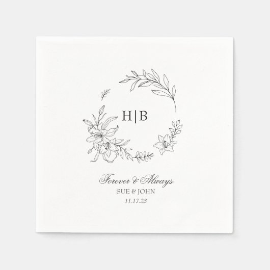 Classic Floral Wreath Monogram Wedding スタンダードカクテルナプキン (正面)