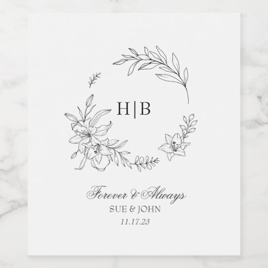 Classic Floral Wreath Monogram Wedding ワインラベル (シングルラベル)