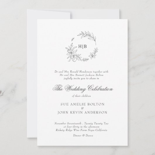 Classic Floral Wreath Monogram Wedding 招待状 (正面)