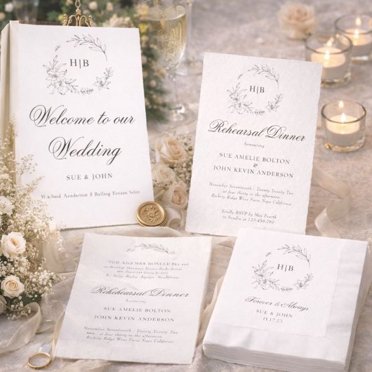 Classic Floral Wreath Monogram Wedding 招待状