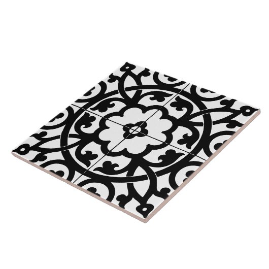 Classic Flower Line Art Floral Black & White タイル (側面)