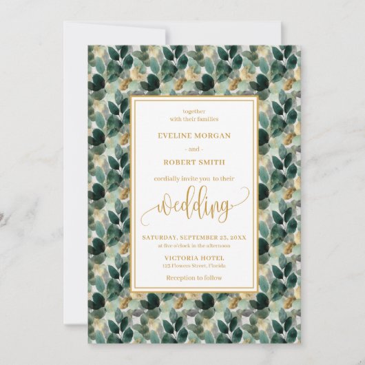 Classic Forest Green Gold Foliage Wedding Invites 招待状 (正面)