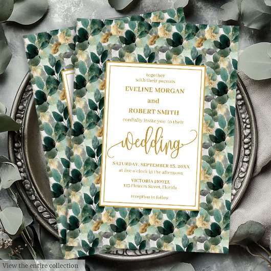Classic Forest Green Gold Foliage Wedding Invites 招待状