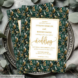 Classic Forest Green Gold Foliage Wedding Invites 招待状