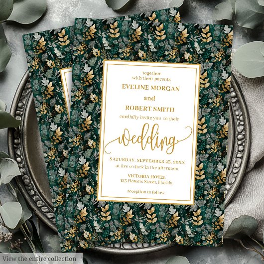 Classic Forest Green Gold Foliage Wedding Invites 招待状