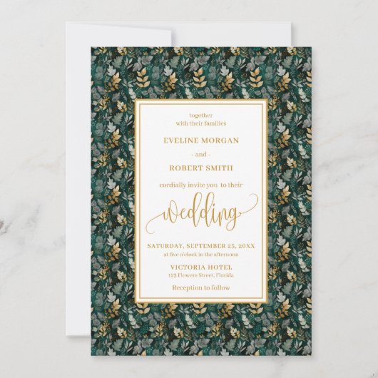 Classic Forest Green Gold Foliage Wedding Invites 招待状 (正面)