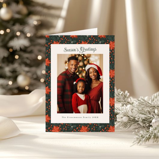 Classic Forest Green Poinsettia Photo Christmas カード