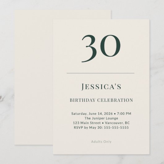 Classic Forest & Linen 30th Birthday Celebration 招待状 (正面/裏面)