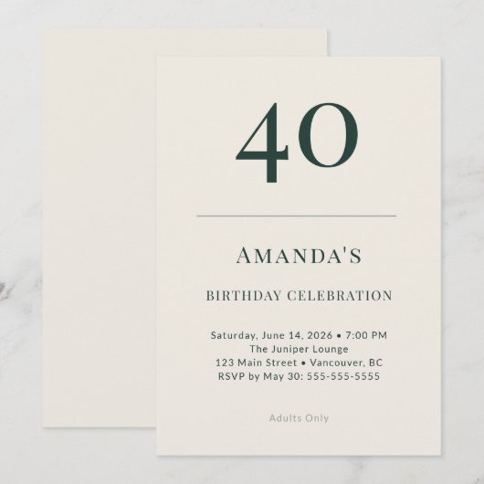 Classic Forest & Linen 40th Birthday Celebration 招待状 (正面/裏面)