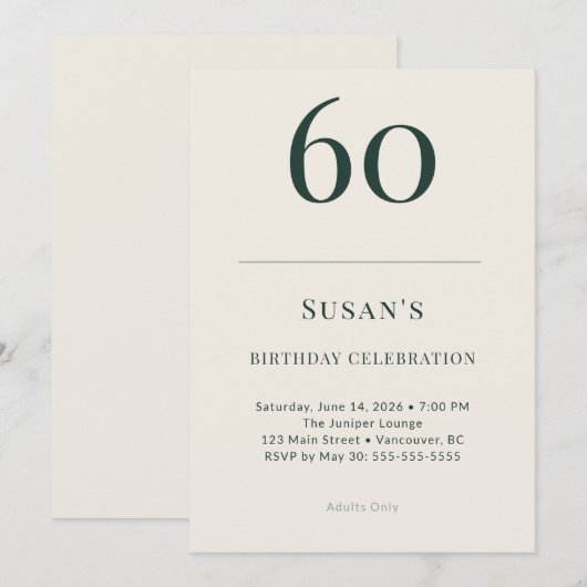 Classic Forest & Linen 60th Birthday Celebration 招待状 (正面/裏面)