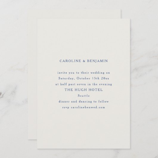 Classic Formal Blue and White Minimalist Wedding 招待状 (正面/裏面)