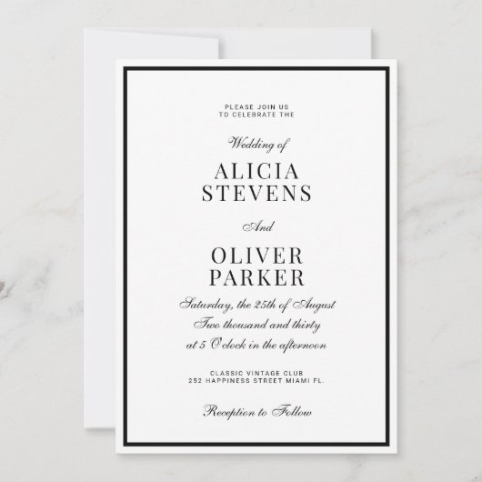 Classic formal minimal black and white wedding 招待状 (正面)