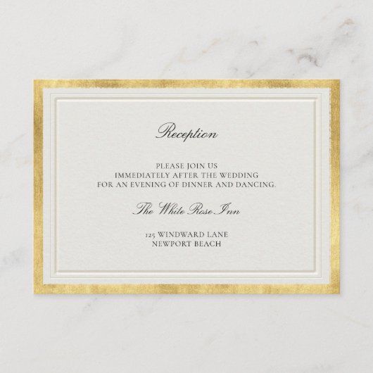 Classic Frame Elevated Gold Ecru Wedding Reception エンクロージャーカード (正面)