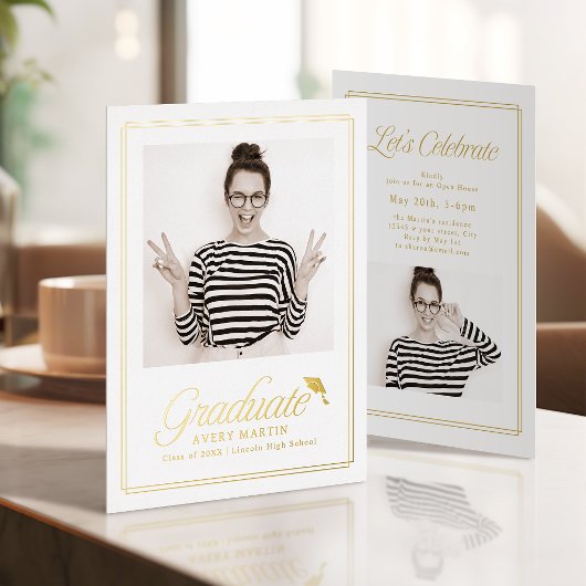 Classic Framed Elegant Script Photo Graduation 箔招待状