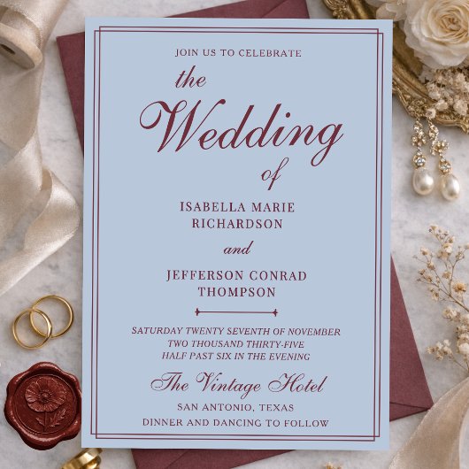 Classic French Blue & Burgundy Old Money Wedding 招待状