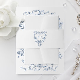 Classic French Blue Flowers Monogram Crest 招待状ベリーバンド