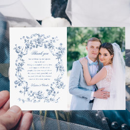 Classic French Blue Flowers & Ribbons Photo サンキューカード